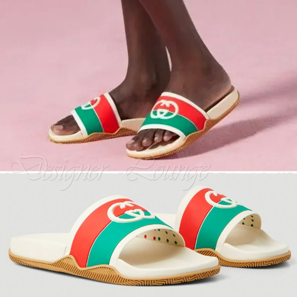 NEW GUCCI Women's Agrado Interlocking G Logo Cream Rubber Slides EU 38 US 8